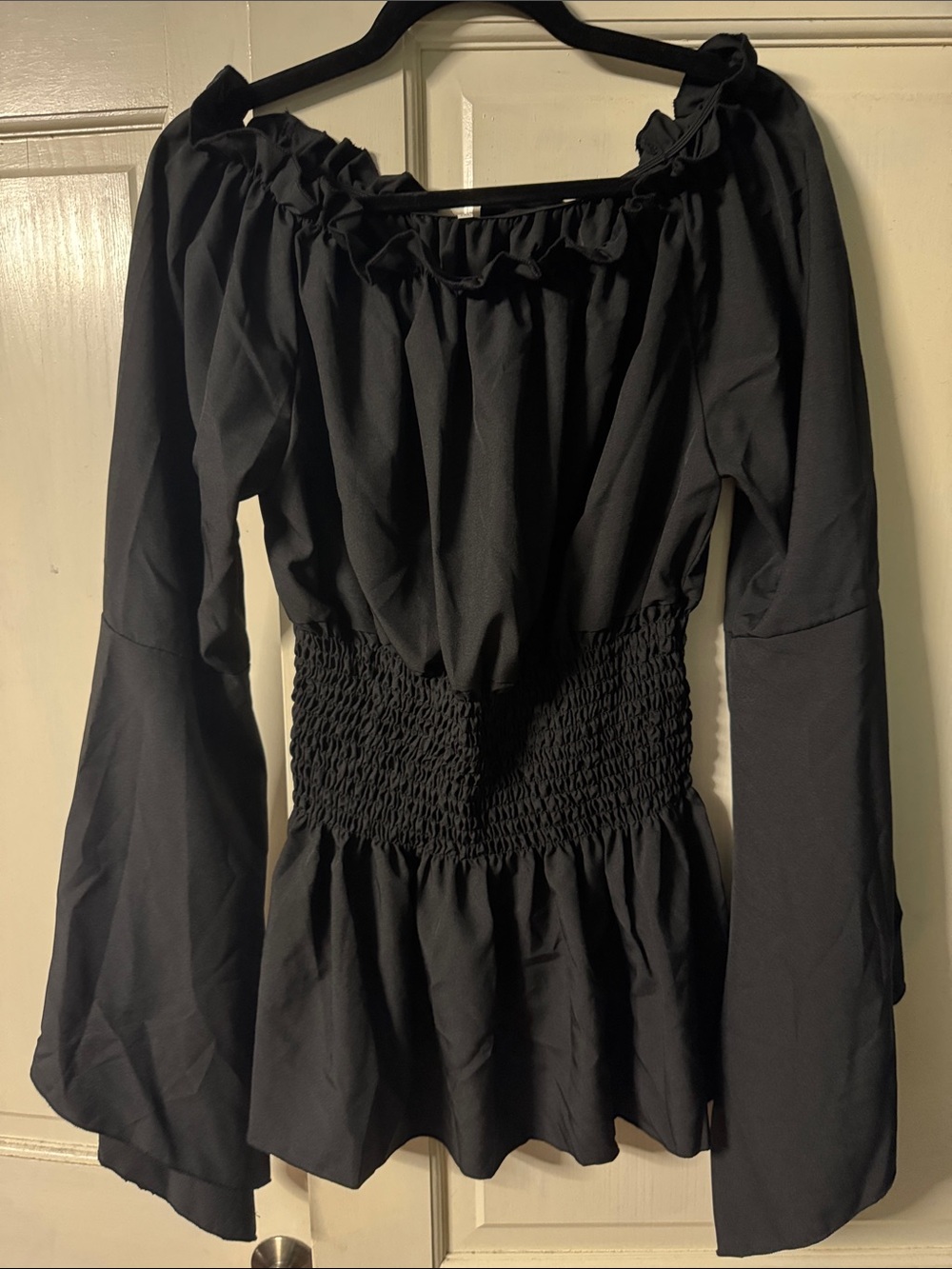 Women’s Black Smocked Waist Peasant Top